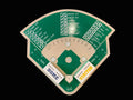 Baseball-themed game board with dice and markers on a wooden surface