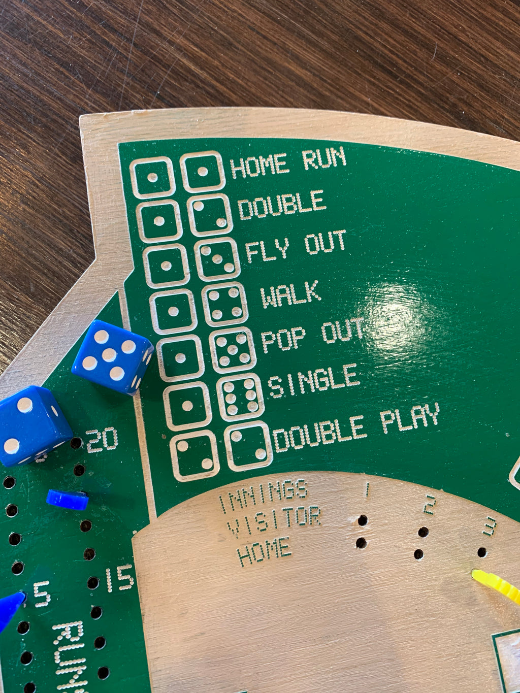 Close-up of a dice game board with dice showing numbers on a wooden surface.