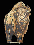 Wooden cribbage board with bison design.