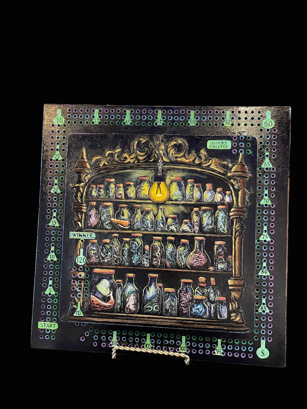 Decorative crib board with various potion bottles in a cabinet.
