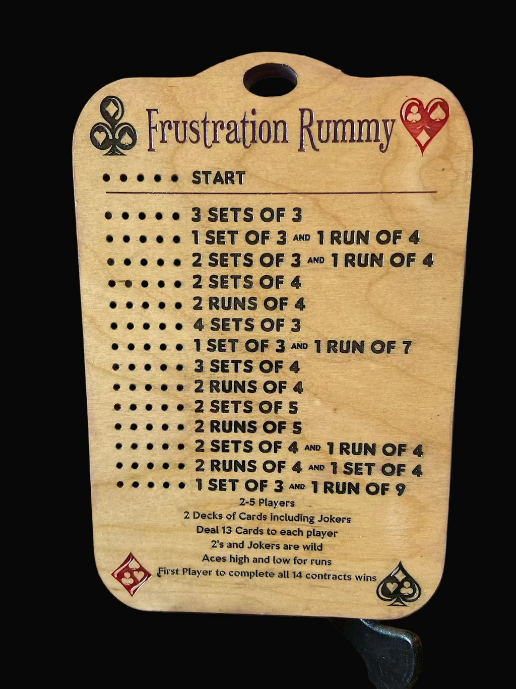 Frustration Rummy game board with rules and scoring system.