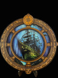 Decorative compass and ship wheel cribbage board with sunken ship.